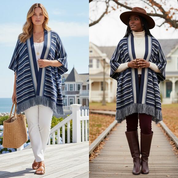 NEW Lauren Ralph Lauren Striped Cotton Fringe-Trim Cardigan Blue One Size Preppy - Picture 1 of 6